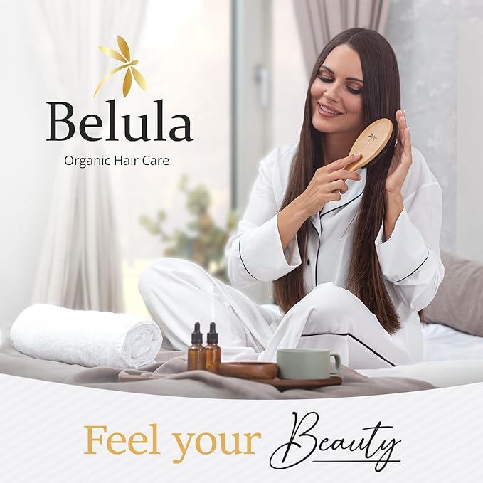 Belula 100% Boar Bristle Hair Brush Set (Medium). Soft Natural Bristles for Thin and Fine Hair. Restore Shine And Texture. Wooden Comb, Travel Bag and Spa Headband Included!