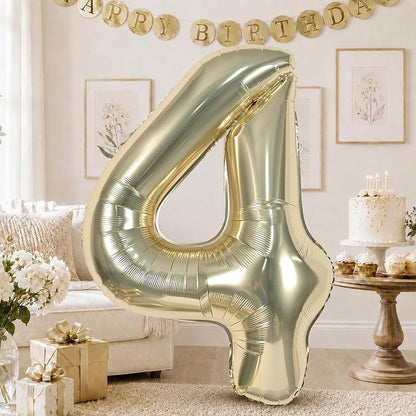 40 Inch Champagne Gold Number Balloon 4, Large Self Inflating Light Gold Foil 4 by KAINSY