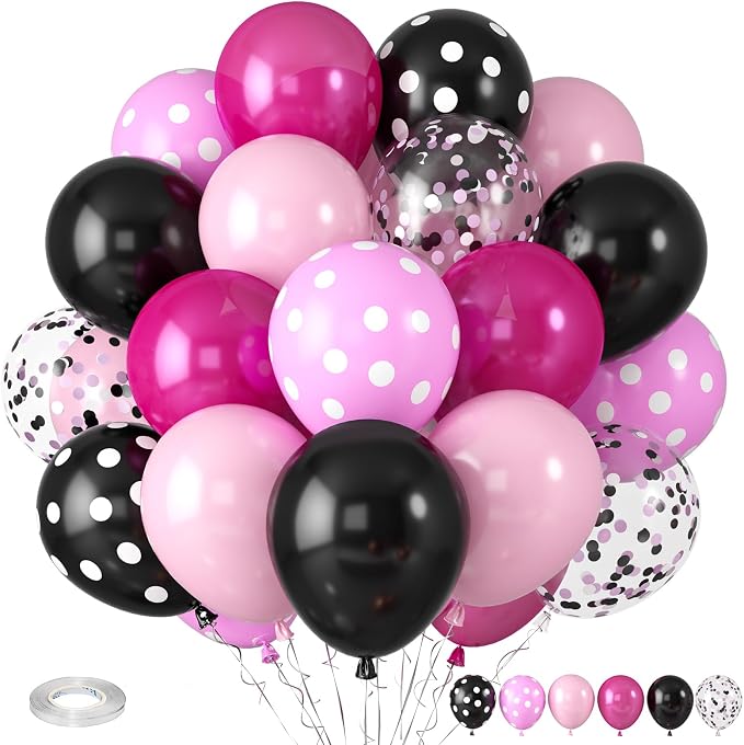 Pink and Black Balloons, Hot Pink Balloons White Dots Black White Dots Balloon by Paready