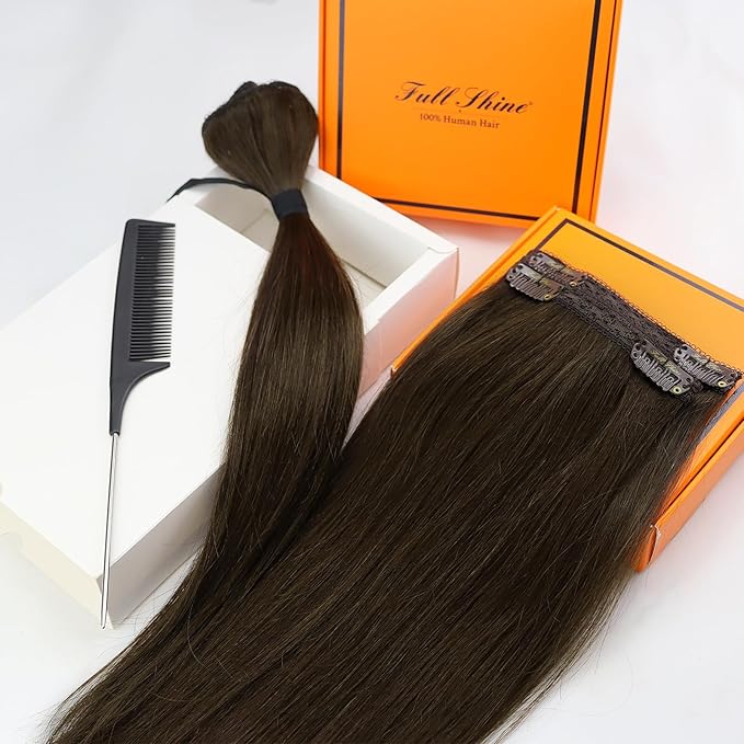Full Shine Real Hair Extensions Clip in Human Hair 10 Inch Dark Brown Clip in Hair Extensions Remy Natural Hair Clip ins for Thin Hair Add Volume 60 Grams 3 PCS
