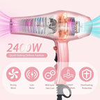 Ionic Hair Dryer,2400W Negative Ion Low Noise Hair Dryer Professional Fast Drying Hair Dryers with 2 Speeds, 3 Heat Settings, Cooling Button,with Diffuser for Curly and Straight Hair（Sakura Pink）