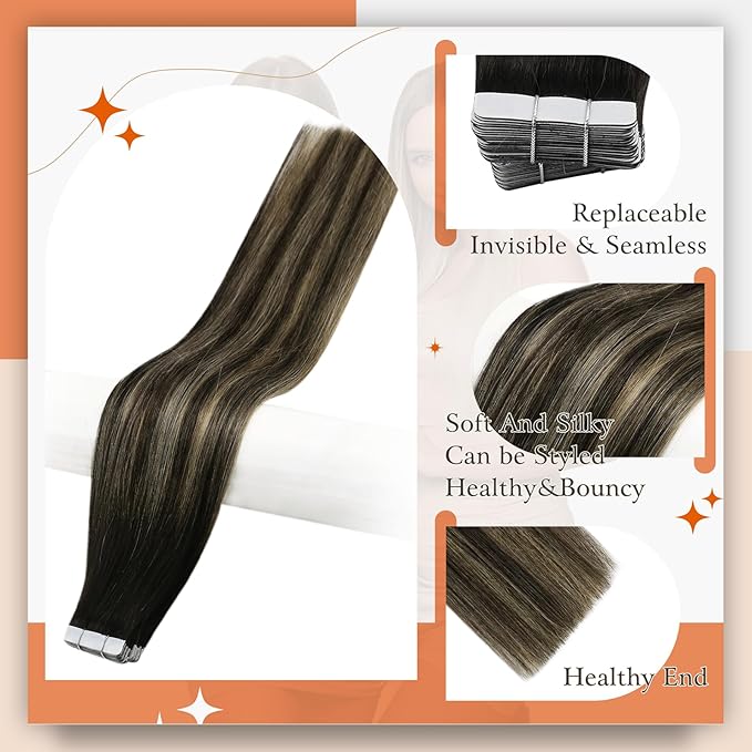 Full Shine Tape in Hair Extensions Human Hair Color 1B Black Ombre 27 Blonde And 1B Remy Hair Extensions Real Human Hair 24Inch Invisible Extension 50G 20Pcs for Natural Look