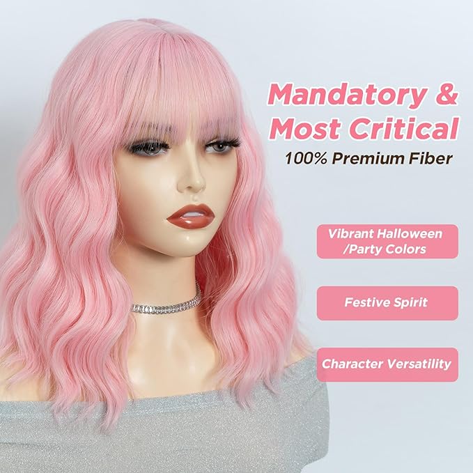 NOBLE Pink Wig Bob Wig with Bangs Short Loose Wavy Wigs for Women Shoulder Length Heat Resistant Synthetic Hair Bob Wavy Colored Wigs for Halloween Cosplay 12 Inches