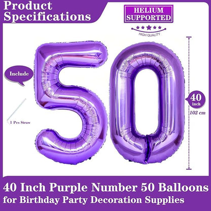 Purple 50 Number Balloons, 40 Inch Giant Number 50 Balloons Foil Mylar Helium - Image 2