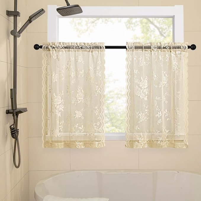 Beige Lace Cafe Curtains 24 Inch Length 2 Panels set Country Floral Sheer - Image 3