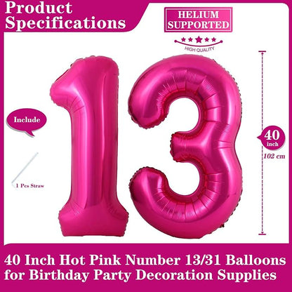 Hot Pink 13 Number Balloons, 40 Inch Giant Number 13 Balloons Foil Mylar Helium - Image 2