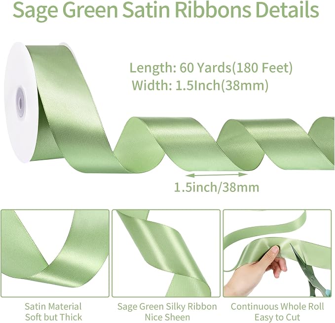 woric Sage Green Satin Ribbon 1 1/2 Inch 60 Yards | Single Face Light Green - Image 2
