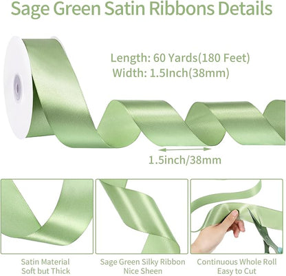 woric Sage Green Satin Ribbon 1 1/2 Inch 60 Yards | Single Face Light Green - Image 2