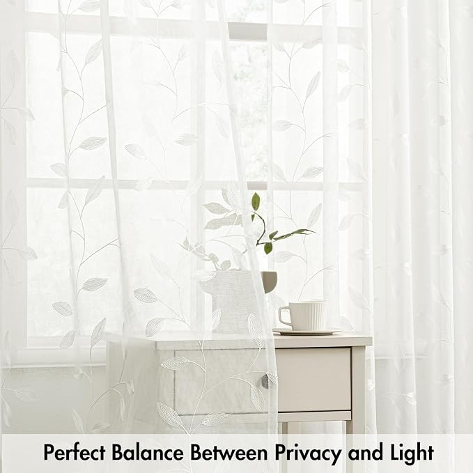 MIULEE Ivory Sheer Curtains 2 Panels Embroidered Leaf Patterned, W52 x L63 | - Image 5