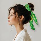 Four Leaf Satin Hair Tie Thick Hair No Damage Knotted Bow with Flowing Tails St. Patrick's Day Green Scrunchies with Bow Pack of 2
