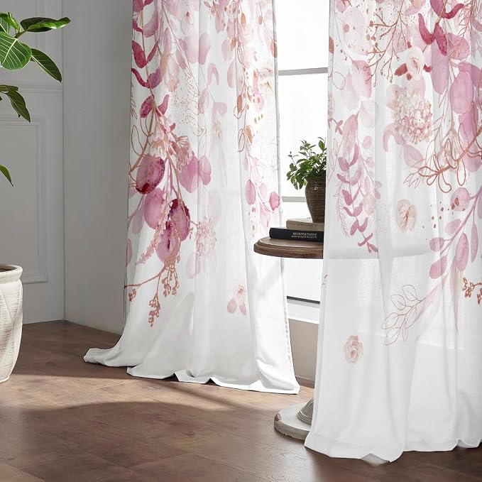 Pink Floral Leaf Sheer Curtains - Image 3