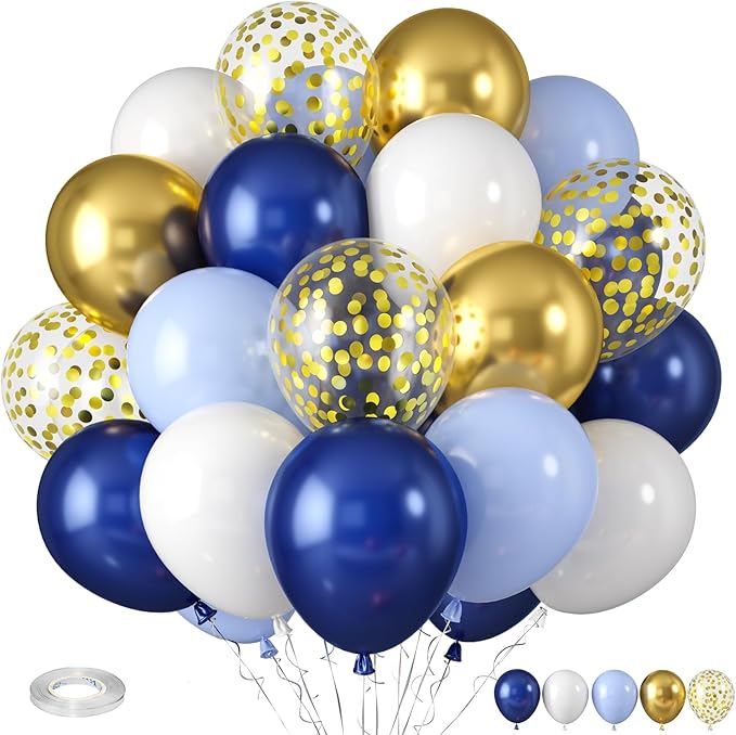 Royal Blue and Gold Balloons, Macaron Navy Golden Confetti Latex Balloon by Paready