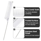 RHOS Carbon Retractable Rat Tail Parting Comb - Portable Fine Tooth Teasing Comb for Styling, Hair Cutting, Braiding with Stainless Steel Pin Tail - White