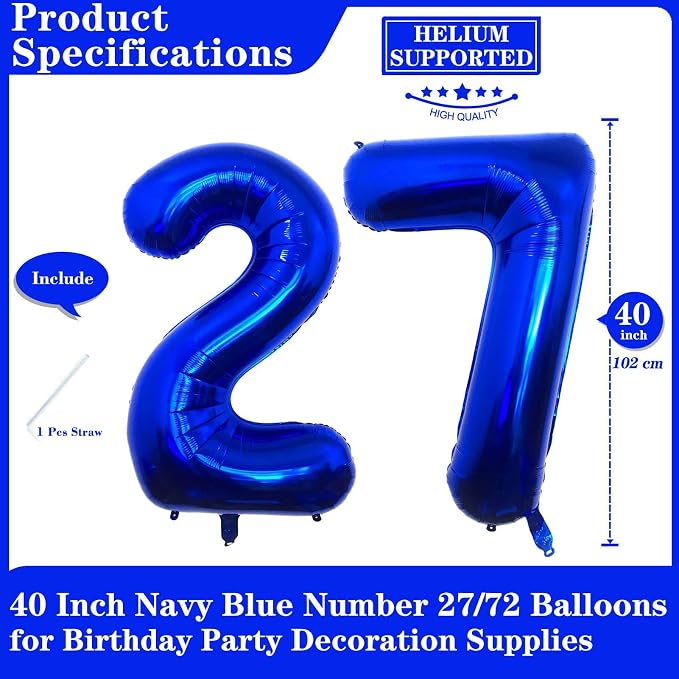Navy Blue 27 Number Balloons, 40 Inch Giant Number 27 Balloons Foil Mylar - Image 2