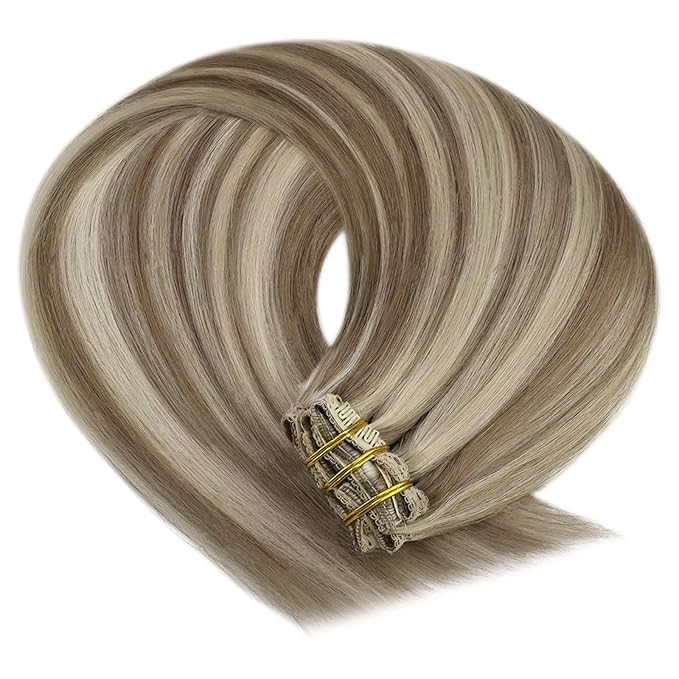 YoungSee Hair Extensions Clip ins Light Brown Clip in Extensions Highlight Clip on Hair Extensions Human Hair Light Brown with Blonde Highlights for Beginners 16Inch 7Pcs 120G