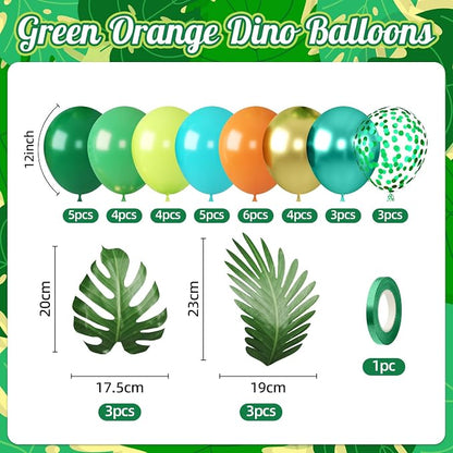 Dinosaur Balloons Set, 12 Inch Dark Green Teal and Orange Balloons, Metallic - Image 2
