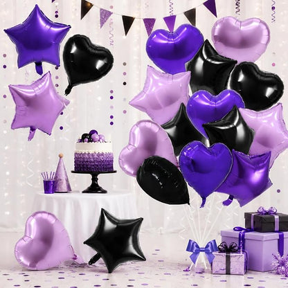 TONIFUL 18 Inch Black Purple Star and Heart Foil Balloons 18PCS Black Purple by TONIFUL