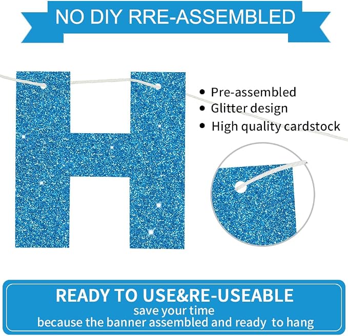 BEISHIDA Pre-Strung Glitter Sky Blue Happy Birthday Banner Party Sign Decor | - Image 2
