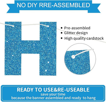 BEISHIDA Pre-Strung Glitter Sky Blue Happy Birthday Banner Party Sign Decor | - Image 2