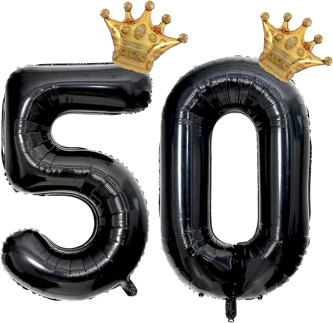 Black 50 Balloon Number with Gold Crown Balloons 40 inch 50 Birthday Balloon by Unknown