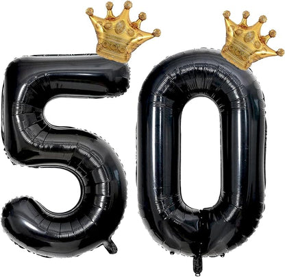 Black 50 Balloon Number with Gold Crown Balloons 40 inch 50 Birthday Balloon by Unknown
