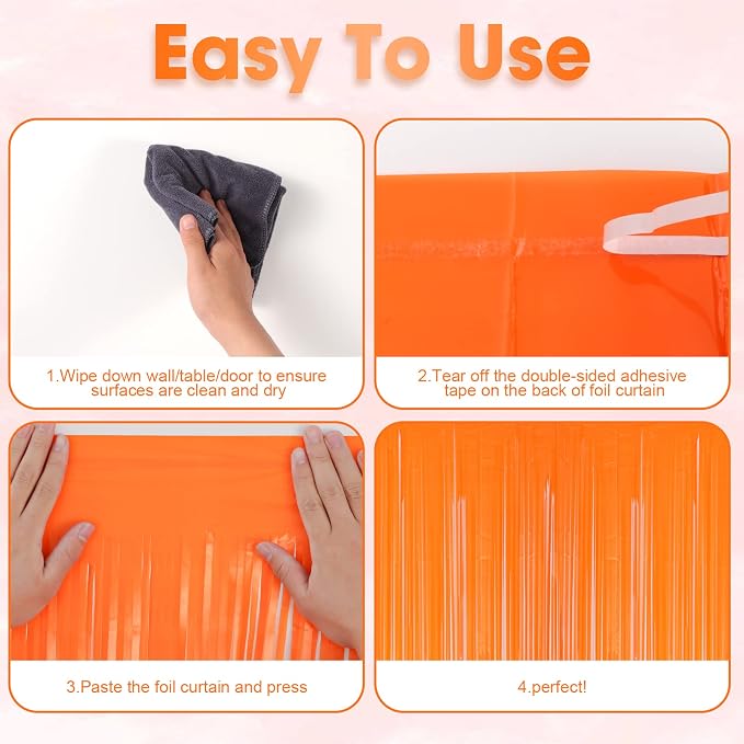 Voircoloria Pastel Orange Foil Fringe Backdrop Curtains, 3 Pack | Tinsel - Image 4