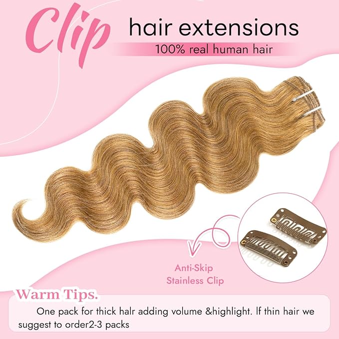 Clip in Hair Extensions Real Human Hair Body Wave 27 Honey Blonde Clip in 100% Brazilian Remy Human Hair Extensions 8pcs Per Set with 18 Clips Double Weft 18 Inch 100g/3.6oz