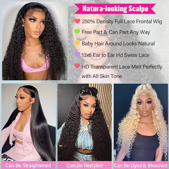 32 Inch 13x6 Deep Wave Lace Front Wigs Human Hair 250% Density HD Lace Frontal Wigs Human Hair Glueless Deep Curly Wigs for Women Pre Plucked Glueless Wigs Natural Color