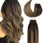 Lacer Brown Glue in Hair Extensions Natural Balayage Seamless Double Side PU Skin Weft Tape in Human Hair Extensions Ombre Darkest Brown to Chestnut Brown 100g 40pcs/set 24 Inch