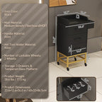 Salon Trolley Cart with Toughened Glass Top, 4 Wheels (2 Lockable) Rolling Barber Station w/Wheels, Drawers, Hair Dryer Holders, Towel Rack, Salon Storage Equipment for Hair Stylist, Black