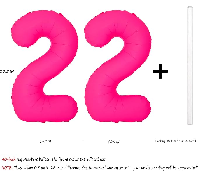 Pink Birthday Number 22 Balloons 40IN Fluorescent Pink 81 Foil Balloon | - Image 2