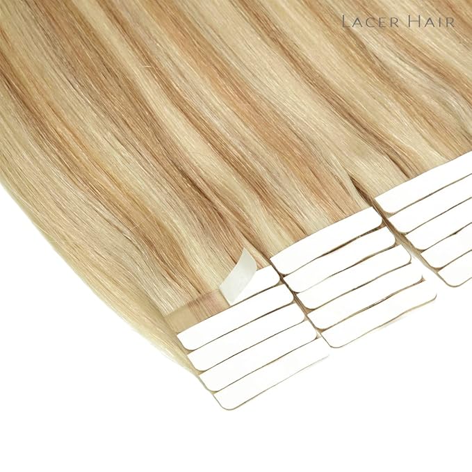Lacer Tape in Human Hair Extensions Golden Blonde to Platinum Blonde 20 Inch 100G 40Pcs Seamless Tape in Hair Extensions Human Hair Skin Weft