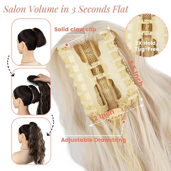 Claw Wavy Ponytail Extension 18 Inch for Women Curly Pony Tail Clip in Hair Extensions Shoulder Length Fluffy Natural Looking Synthetic Hairpiece for Daily Use (Ash Blonde)