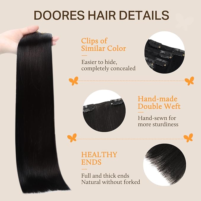 DOORES Clip in Hair Extensions Real Human Hair, Natural Black 18 Inch 135g 7pcs, Straight Remy Extensions for Women Thick Silky for Party