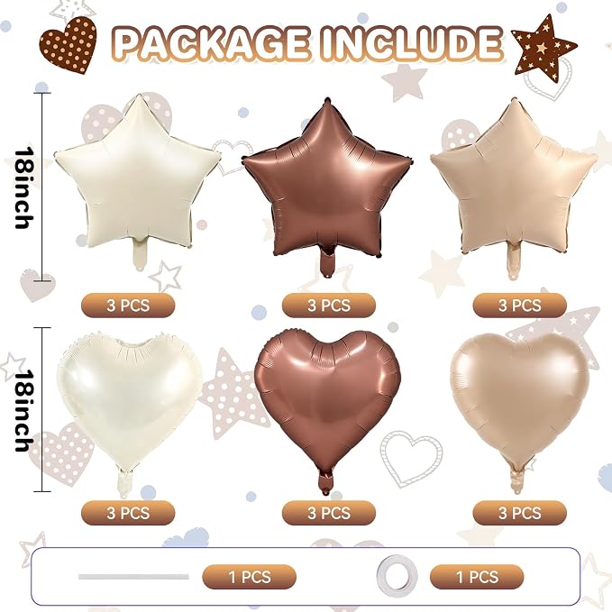 TONIFUL 18 Inch Cream Brown Star and Heart Foil Balloons - Image 2