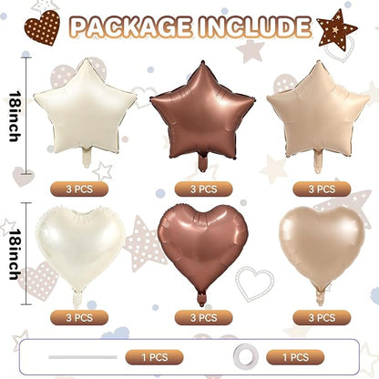 TONIFUL 18 Inch Cream Brown Star and Heart Foil Balloons - Image 2