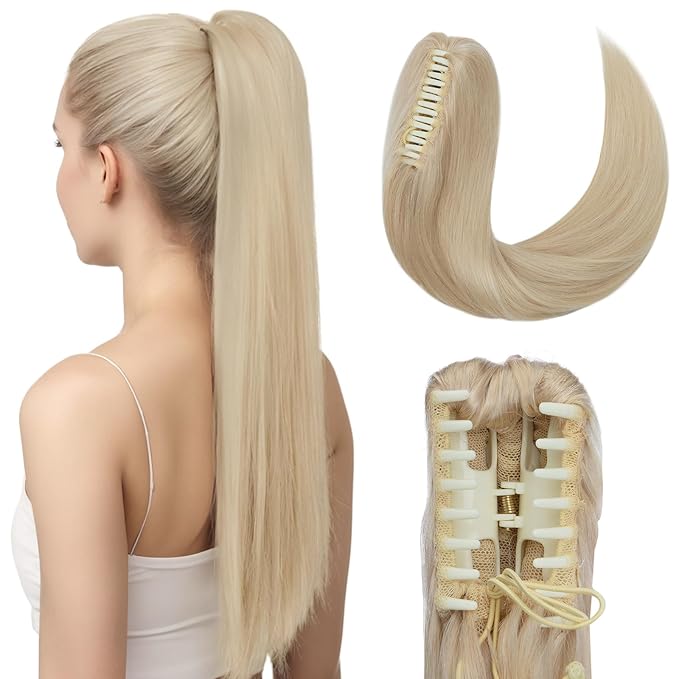 Hairro Claw Clip Ponytail Extension Human Hair Clip In Ponytail Jaw/Claw Jaw On Pony Tail Hairpieces For Women 20 Inch 120g #60 Platinum Blonde