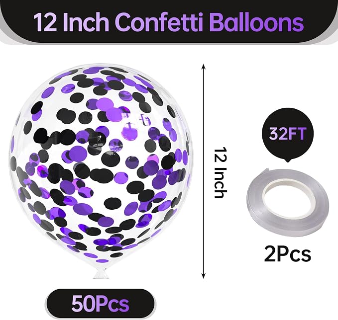 50pcs Purple and Black Foil Confetti Balloons, 12 inch Latex Balloon - Image 2