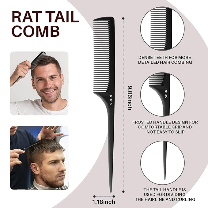 RHOS Comb Set for Women and Men, 3 Pieces - Wide Tooth, Rat Tail, Dresser Hair Combs - Detangling Hair Combs for All Hair Types - Black