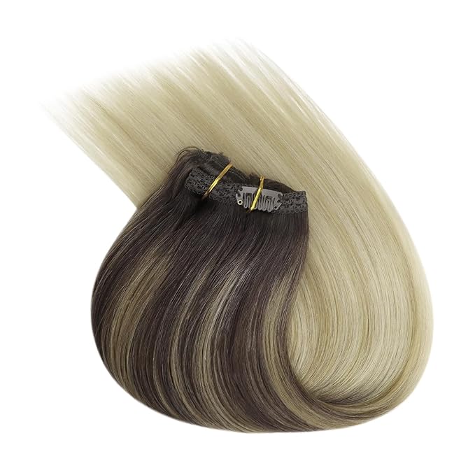 Ve Sunny Human Hair Clip in Extensions Comfortable Clip in Hair Extensions Real Human Hair Dark Brown Ombre Dark Golden Blonde Balayage Light Blonde Hair Clip in Extensions 100g 7pcs 14inch