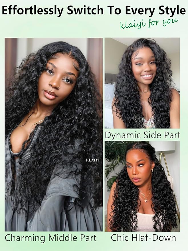 KLAIYI Water Wave Bye Bye Knots Glueless Wig Human Hair 7x5Precut Lace Front Pre Plucked Bleached Wear and Go Wig with Curly Baby Hair Drawstring 3S Ready to Go Pre Everything Beginner Friendly 22Inch