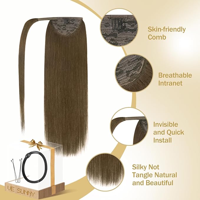 Ve Sunny Hair Extensions Ponytail Real Human Hair Wrap Around Clip in Ponytail Hair Extensions Straight Extensions Human Hair for Women Light Ash Brown 20inch 80G