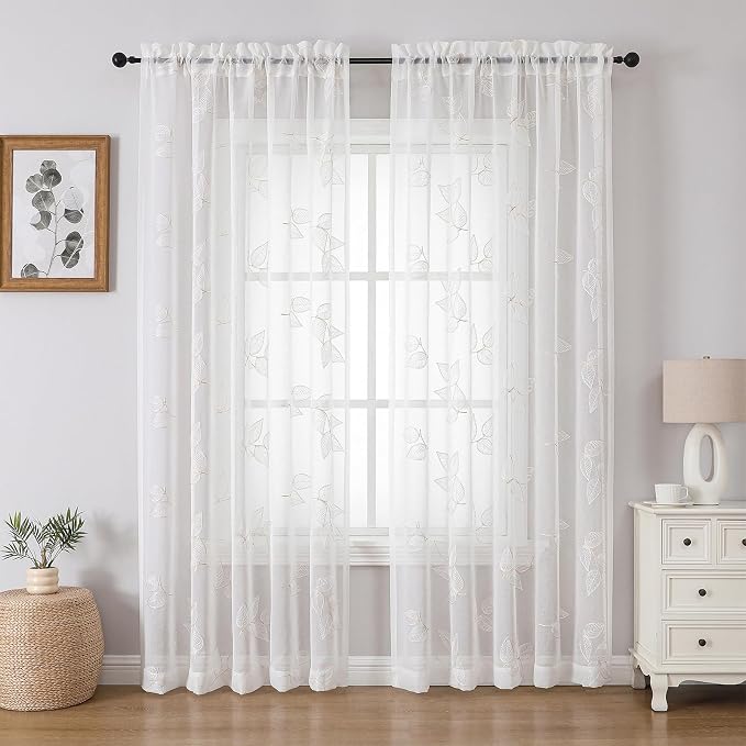 Beige Sheer Curtains Leaf Embroidered 63 Inches Long 2 Panels | Light Filtering - Image 2