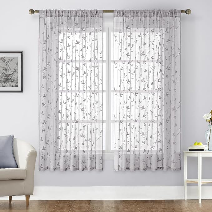 HOMEIDEAS Grey Sheer Curtains 2 Panels, Embroidered Vine Leaf, W52xL63 | Faux by HOMEIDEAS