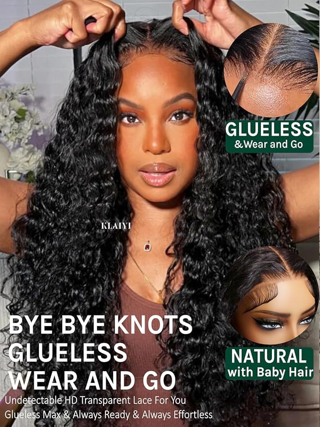 KLAIYI Water Wave Bye Bye Knots Glueless Wig Human Hair 7x5Precut Lace Front Pre Plucked Bleached Wear and Go Wig with Curly Baby Hair Drawstring 3S Ready to Go Pre Everything Beginner Friendly 24Inch