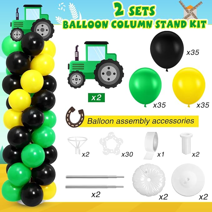2 Set Tractor Balloon Column Stand Kit Green Yellow Black Balloon Tower - Image 2