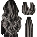 Lacer Grey Tape in Hair Extensions 18 Inch Natural Black to Silver Highlights Tape in Extensions with Natural Black Roots Color 20pcs/50g