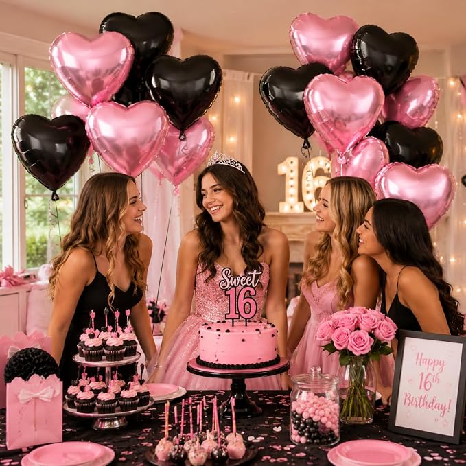 Pink Black Heart Balloons, 18Inch Black Pearl Pink Helium Balloon - Image 4