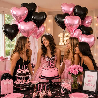 Pink Black Heart Balloons, 18Inch Black Pearl Pink Helium Balloon - Image 4