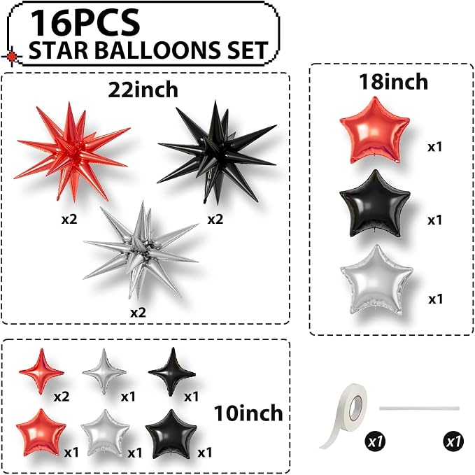 Red Black Silver Star Balloons, 22/18/10 Inch Foil Balloons, Four-Pointed - Image 2